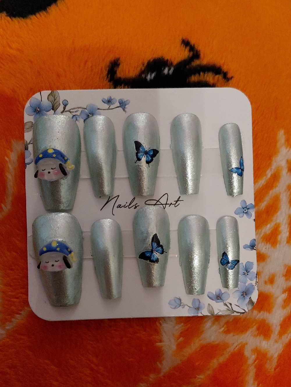 Silver Holographic Press-On Nails with Blue Butterfly Accents